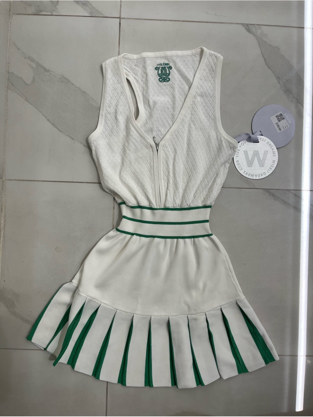 Wiskii RIVIERA KNIT MINI COLORBLOCK DRESS White Tennis Dress with Green Trim